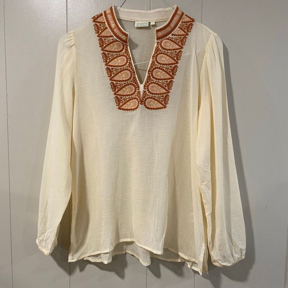 Spontina Women’s Cream Boho Embroidered Peasant Blouse Size M